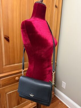 kate spade Black Pebbled Leather Flap Crossbody with Gold Chain